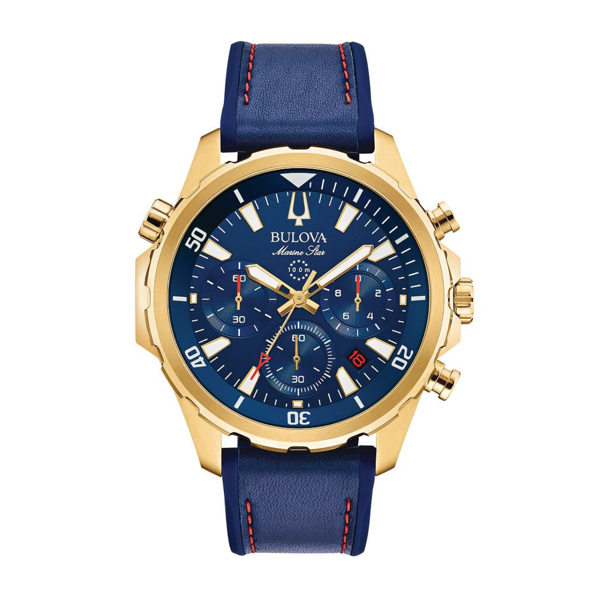 Bulova Men's Marine Star Gold-Tone Stainless Steel Watch with Blue Dial & Blue Leather Strap