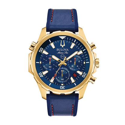 Bulova Men's Marine Star Gold-Tone Stainless Steel Watch with Blue Dial & Blue Leather Strap