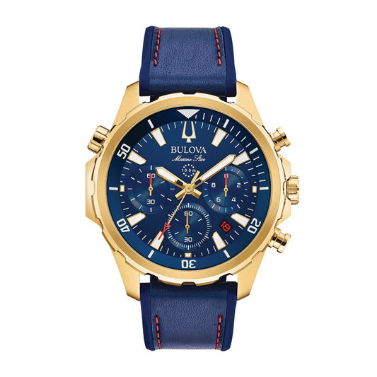 Bulova Men's Marine Star Gold-Tone Stainless Steel Watch with Blue Dial & Blue Leather Strap