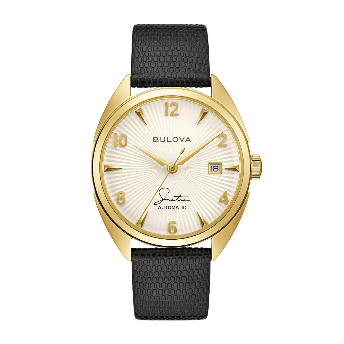 Bulova Frank Sinatra Fly Me to the Moon Watch with Silver Dial & Black Leather Strap