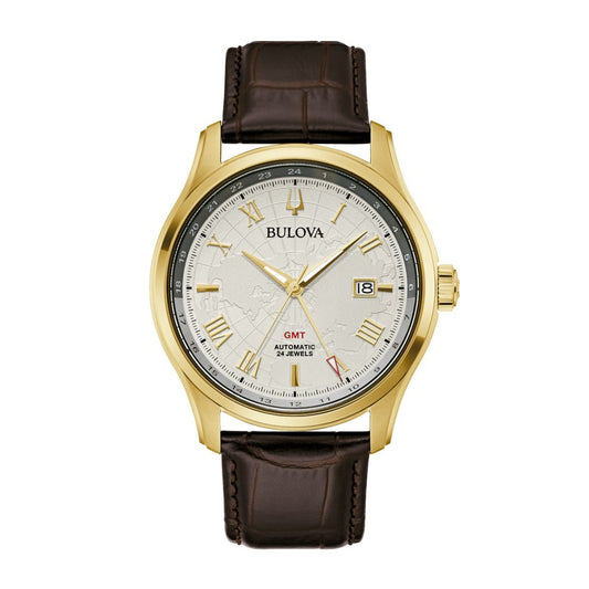 Bulova Men's Wilton GMT Gold-Tone Stainless Steel Watch with Silver Map Dial & Brown Leather Strap