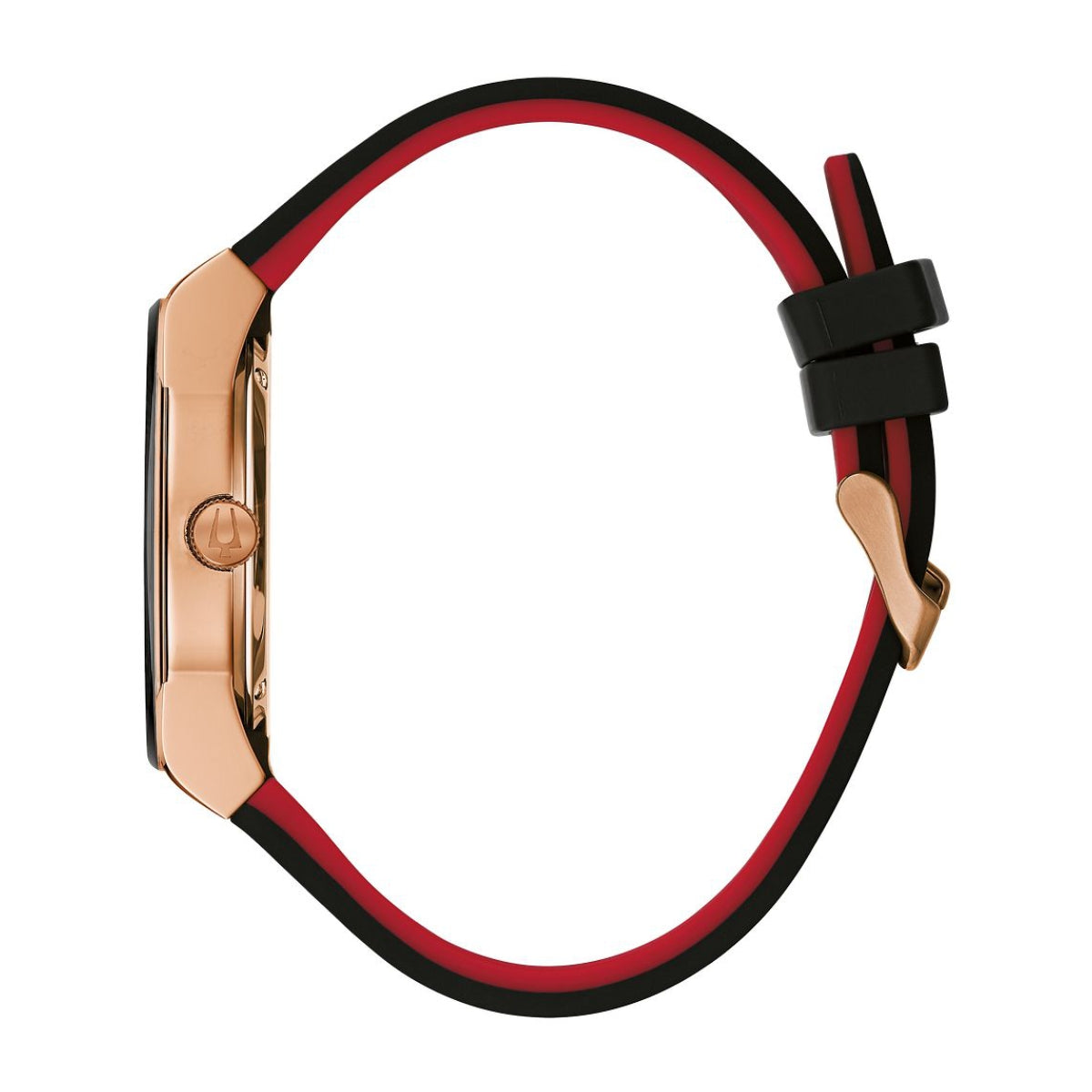 Bulova Men's Futuro Two-Tone Black & Pink Stainless Steel Watch with Black Dial & Black Silicone Strap front view