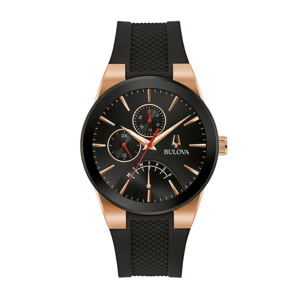 Bulova Men's Futuro Two-Tone Black & Pink Stainless Steel Watch with Black Dial & Black Silicone Strap