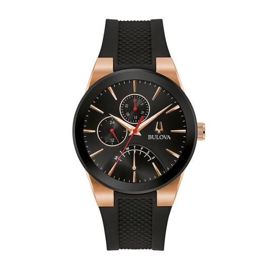 Bulova Men's Futuro Two-Tone Black & Pink Stainless Steel Watch with Black Dial & Black Silicone Strap