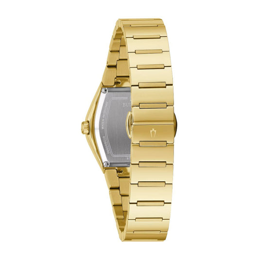 Bulova Ladies' Gemini Gold-Tone Stainless Steel Watch with Black Dial front view