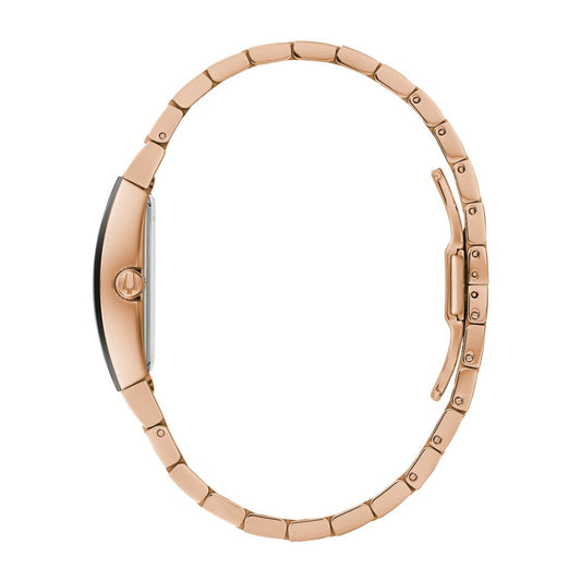 Bulova Ladies' Gemini Pink Gold-Tone Stainless Steel Watch with Black Dial front view