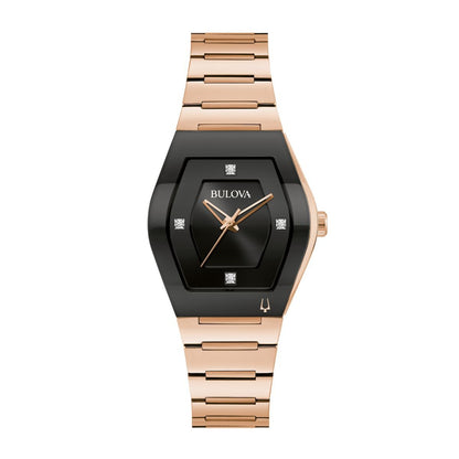 Bulova Ladies' Gemini Pink Gold-Tone Stainless Steel Watch with Black Dial
