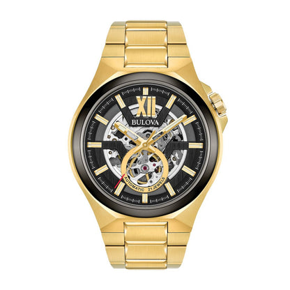 Bulova Men's Maquina Gold-Tone Stainless Steel Watch with Black Open Aperture Dial