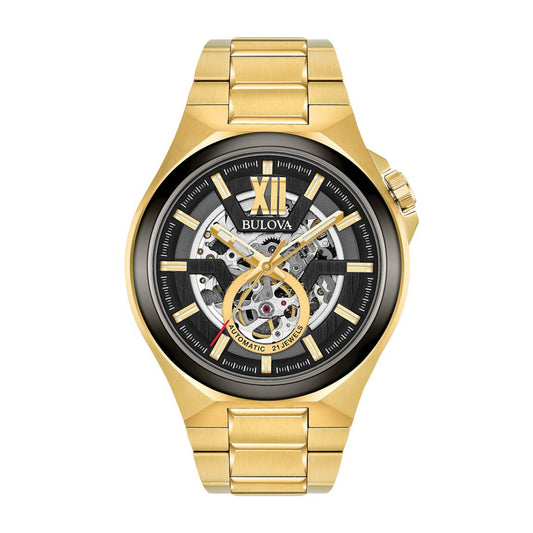 Bulova Men's Maquina Gold-Tone Stainless Steel Watch with Black Open Aperture Dial