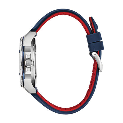 Bulova Men's Marine Star Stainless Steel Watch with White Dial & Blue Silicone Strap front view