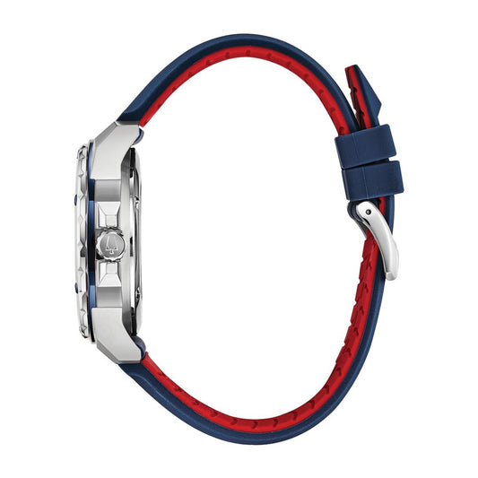Bulova Men's Marine Star Stainless Steel Watch with White Dial & Blue Silicone Strap front view