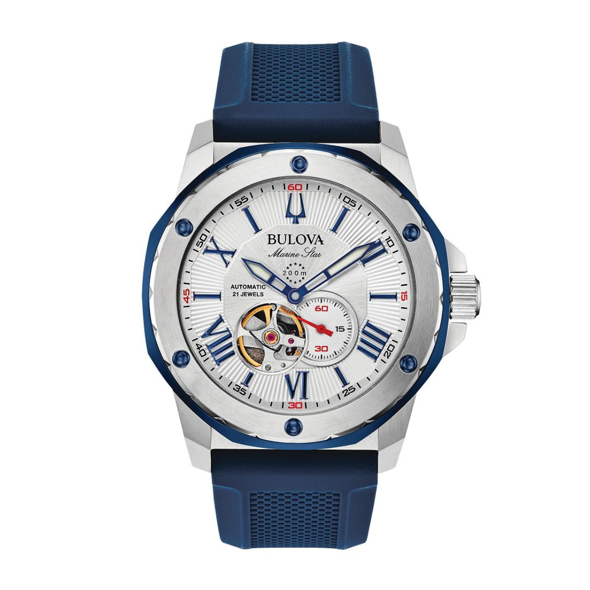 Bulova Men's Marine Star Stainless Steel Watch with White Dial & Blue Silicone Strap