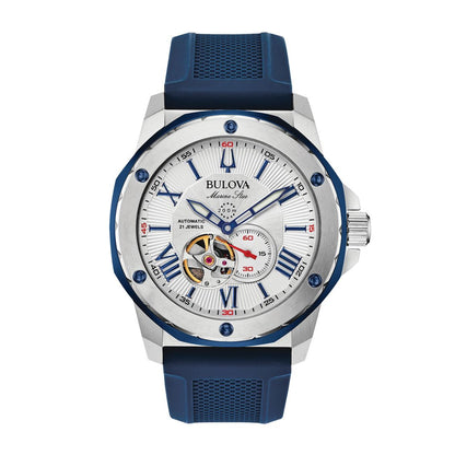 Bulova Men's Marine Star Stainless Steel Watch with White Dial & Blue Silicone Strap