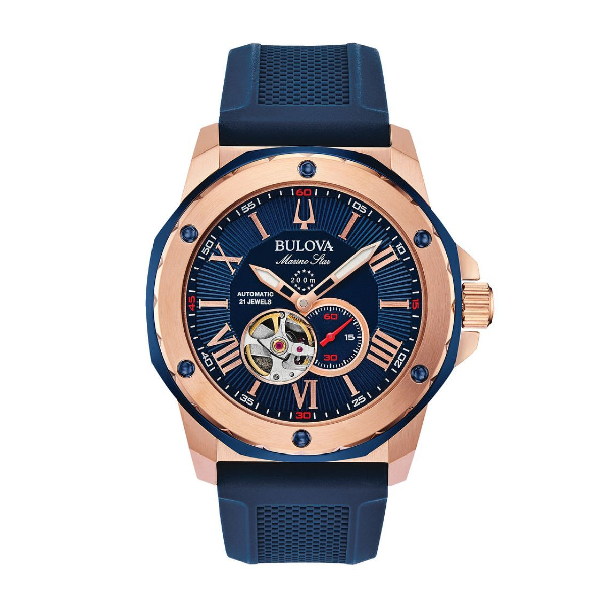 Bulova Men's Marine Star Pink Gold-Tone Stainless Steel Watch with Blue Dial & Blue Silicone Strap