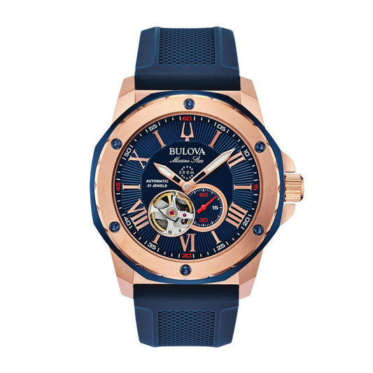 Bulova Men's Marine Star Pink Gold-Tone Stainless Steel Watch with Blue Dial & Blue Silicone Strap
