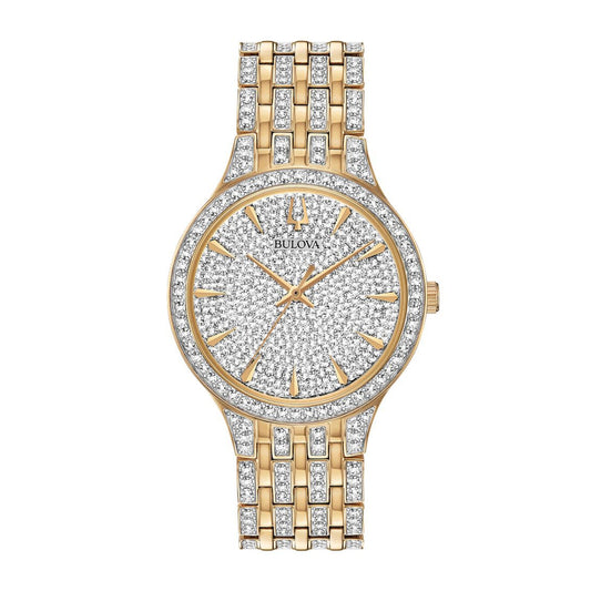 Bulova Men's Phantom Crystal Collection Gold-Tone Stainless Steel Watch with Crystal Pave Dial