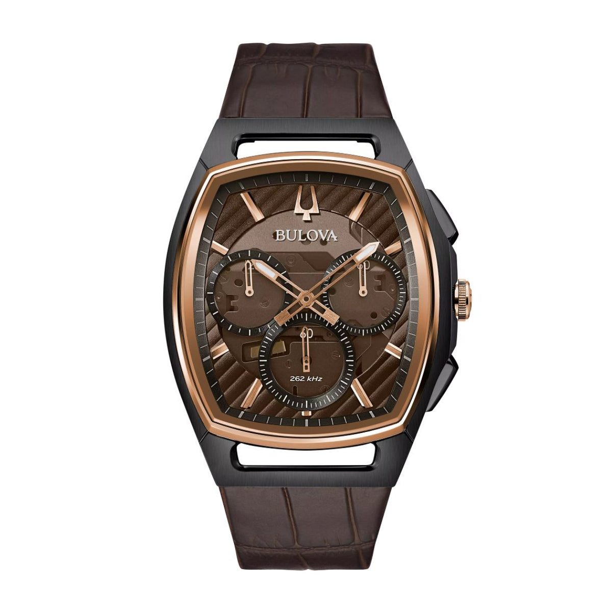 Bulova Men's Curv Two-Tone Black & Pink Stainless Steel Watch with Brown Dial & Brown Leather Strap