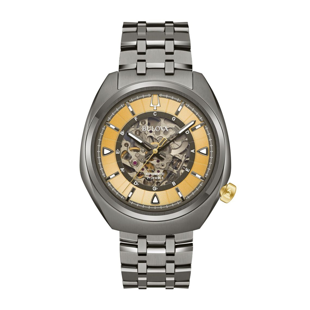 Bulova Men's Grammy Gunmetal Stainless Steel Watch with Gold-Tone Open Aperture Dial