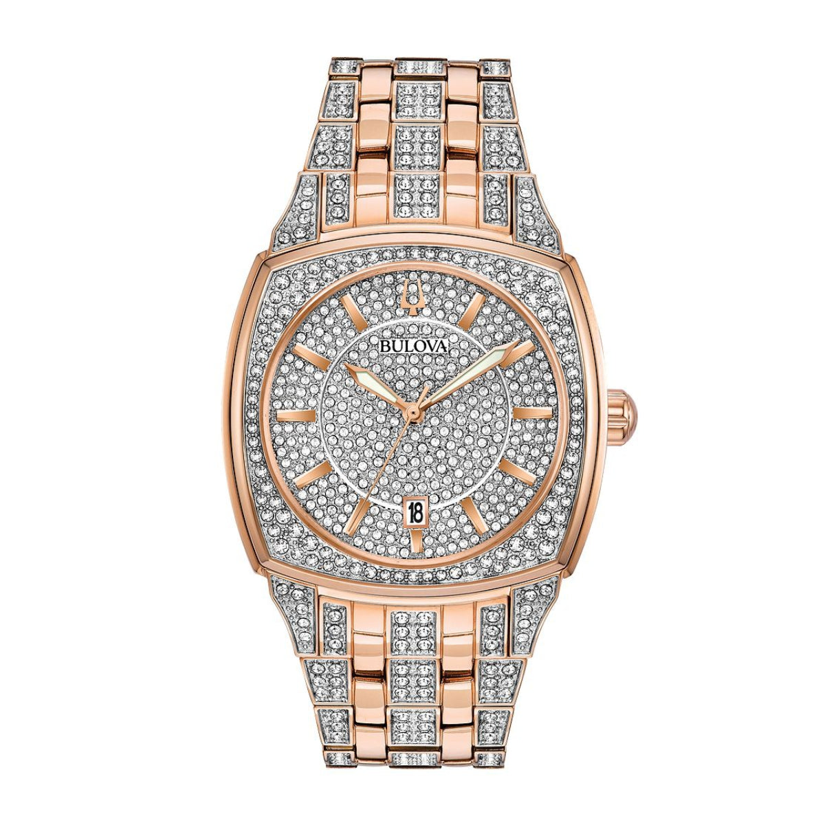 Bulova Men's Phantom Crystal Collection Pink Gold-Tone Stainless Steel Watch with Crystal Pave Dial