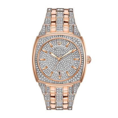 Bulova Men's Phantom Crystal Collection Pink Gold-Tone Stainless Steel Watch with Crystal Pave Dial