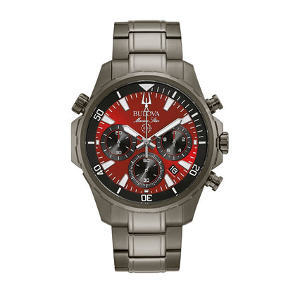 Bulova Men's Marine Star Gray Stainless Steel Watch with Red Dial