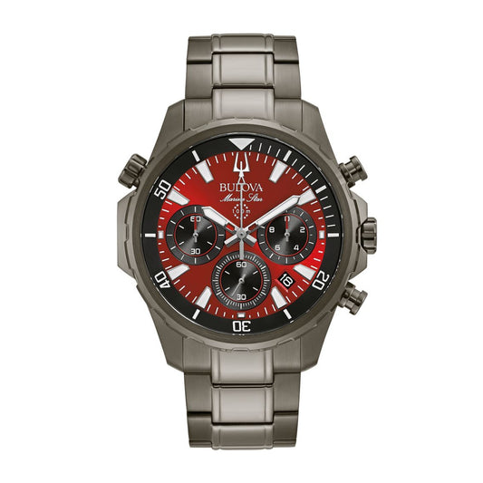 Bulova Men's Marine Star Gray Stainless Steel Watch with Red Dial
