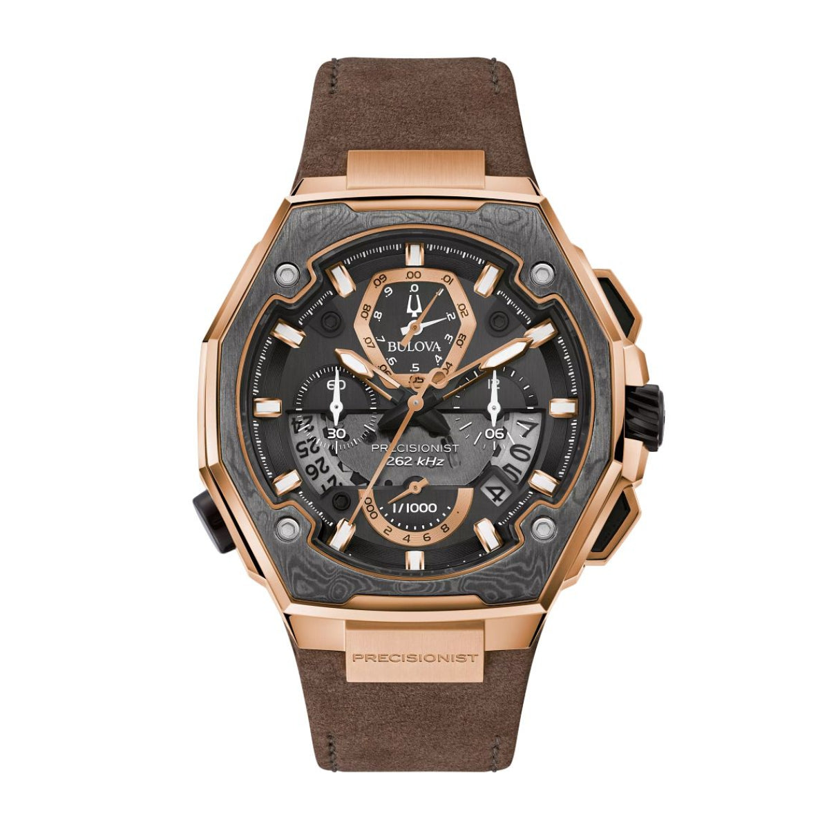 Bulova Men's Precisionist Pink Gold-Tone Stainless Steel Watch with Brown Leather Strap