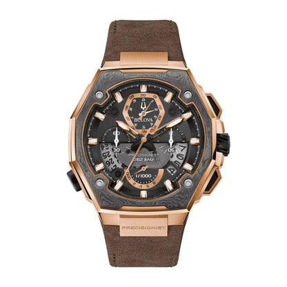 Bulova Men's Precisionist Pink Gold-Tone Stainless Steel Watch with Brown Leather Strap