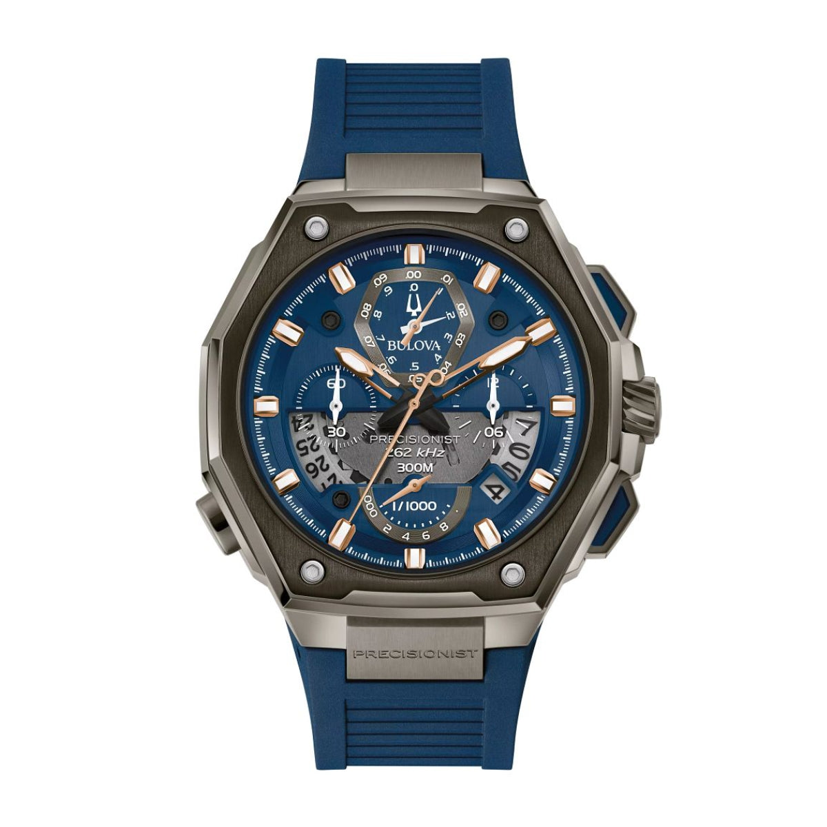 Bulova Men's Precisionist Gray Stainless Steel Watch with Blue Dial & Blue Rubber Strap