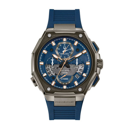 Bulova Men's Precisionist Gray Stainless Steel Watch with Blue Dial & Blue Rubber Strap