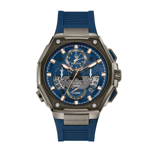 Bulova Men's Precisionist Gray Stainless Steel Watch with Blue Dial & Blue Rubber Strap