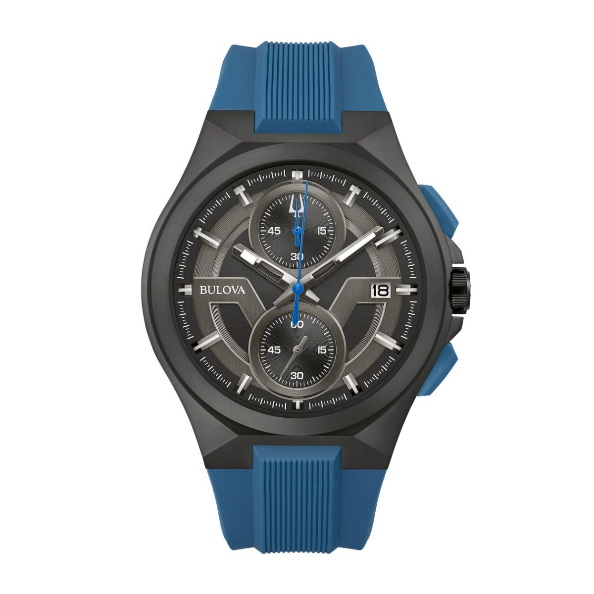 Bulova Men's Maquina Black Stainless Steel Watch with Black Dial & Blue Silicone Strap