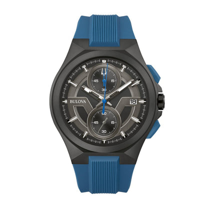 Bulova Men's Maquina Black Stainless Steel Watch with Black Dial & Blue Silicone Strap