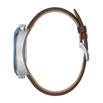 Bulova Men's Parking Meter Archive Series Blue & Gray Stainless Steel Watch with Brown Leather Strap front view