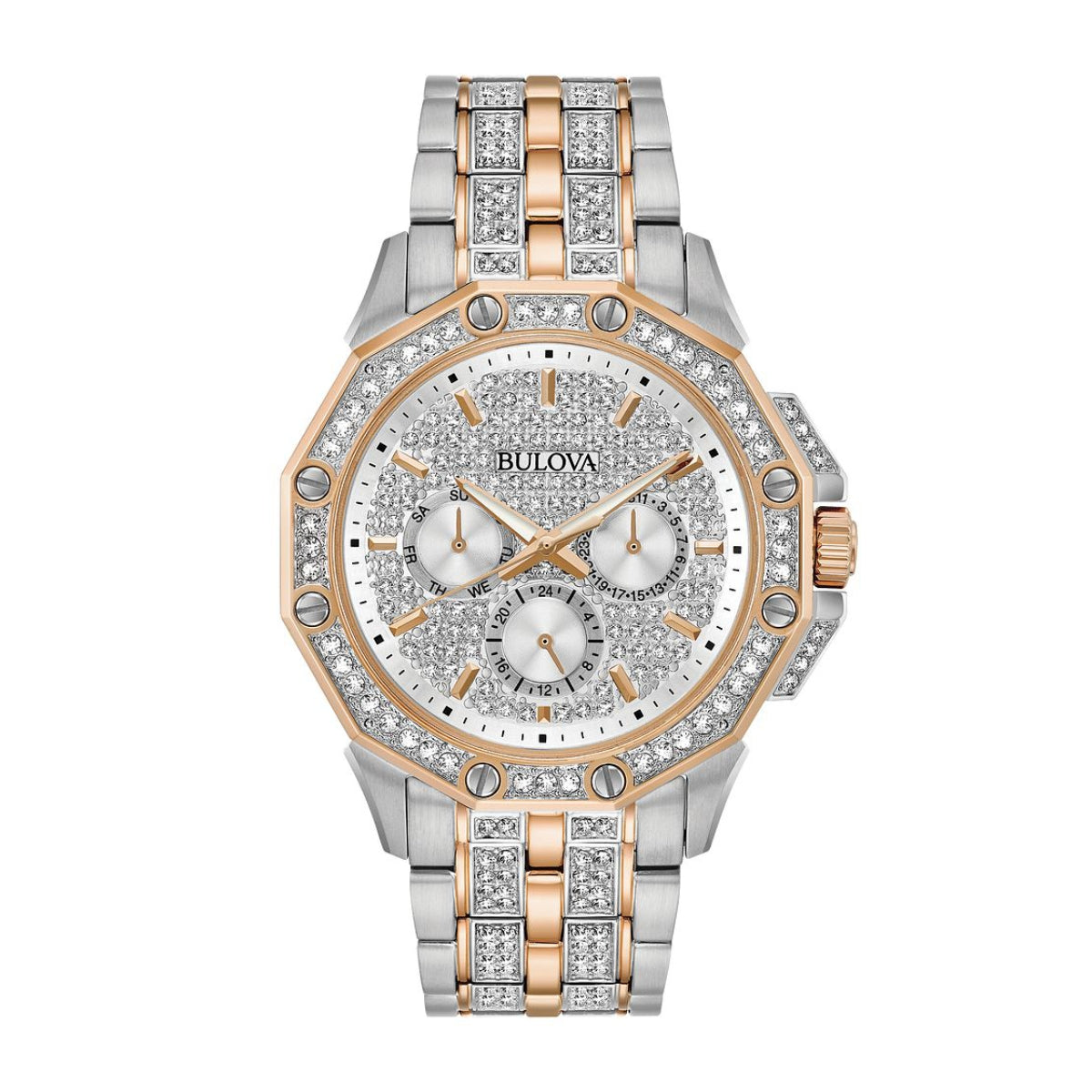 Bulova Men's Octava Two-Tone White & Pink Stainless Steel Watch with Crystal Pave Dial