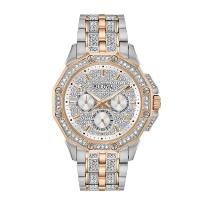 Bulova Men's Octava Two-Tone White & Pink Stainless Steel Watch with Crystal Pave Dial