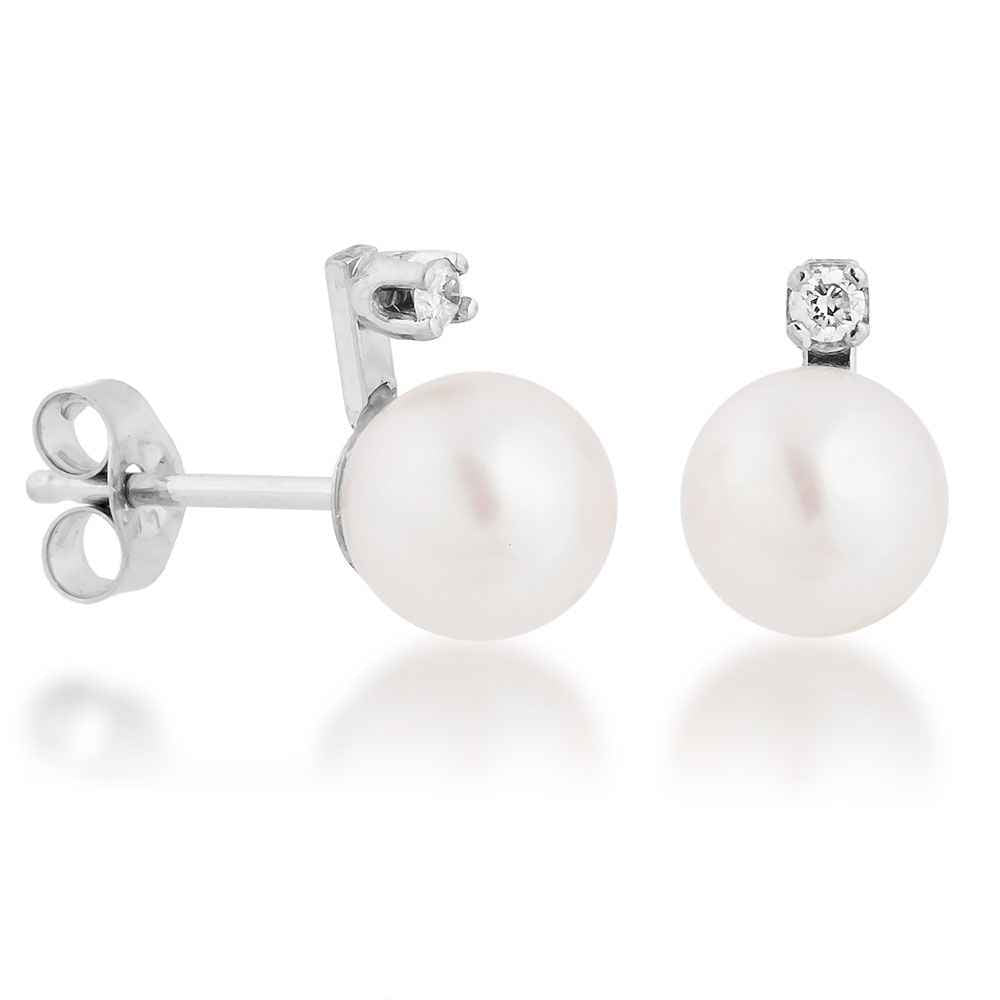 Ladies' 6mm White Pearl & Diamond Earrings in 14K White Gold