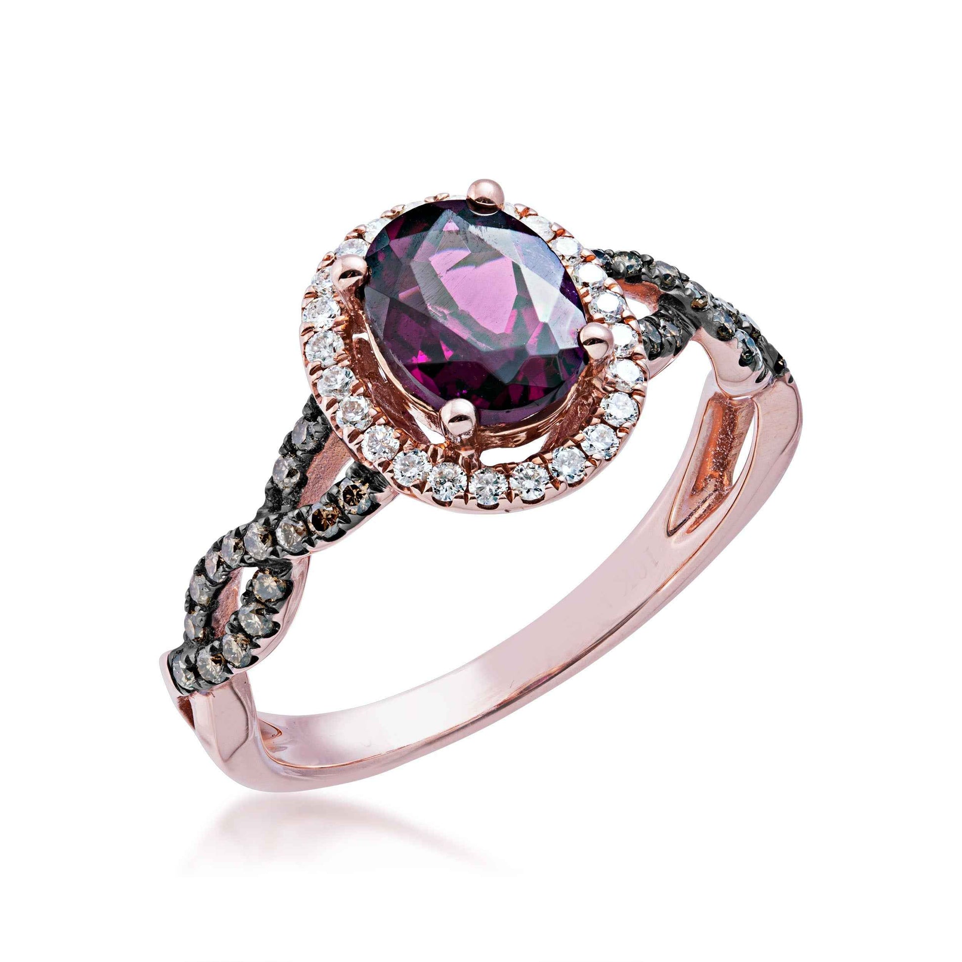 Garnet and 1/10 ct. tw. Diamond Halo Fashion Ring with Mocha Diamonds in 10K Pink Gold front view