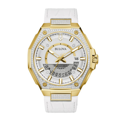 Bulova Men's Precisionist X Gold-Tone Stainless Steel Watch with White Leather Strap