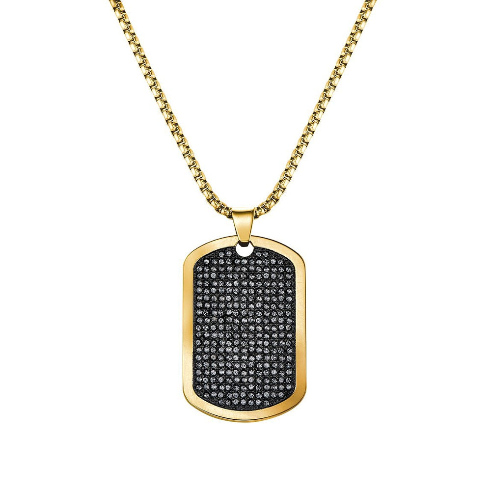 Bulova Men's Crystal Collection Gold-Tone Stainless Steel Black Dial Watch & Dog Tag Pendant Set front view