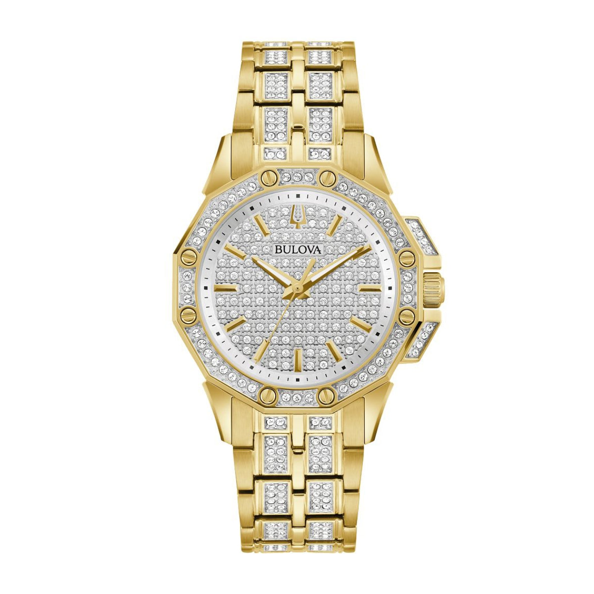 Bulova Ladies' Octava Crystal Collection Gold-Tone Stainless Steel Watch with Crystal Pave Dial