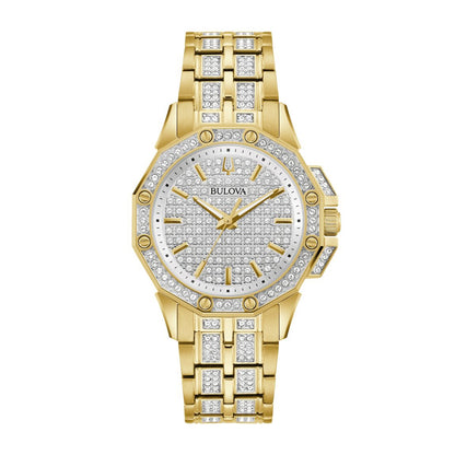 Bulova Ladies' Octava Crystal Collection Gold-Tone Stainless Steel Watch with Crystal Pave Dial
