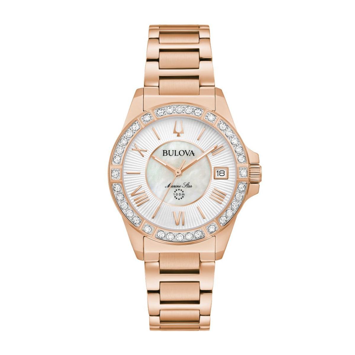 Bulova Ladies' Marine Star Pink Gold-Tone Stainless Steel Watch with Mother of Pearl Dial
