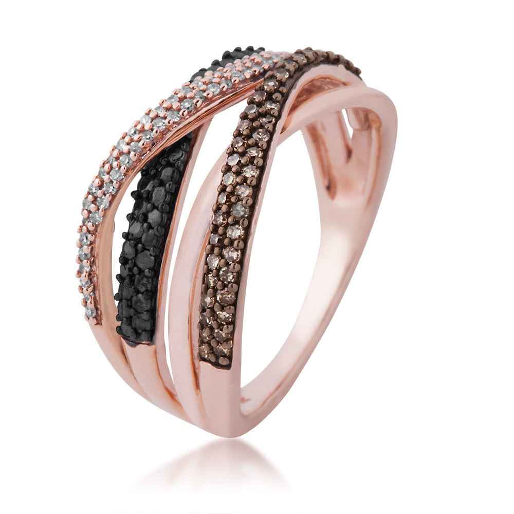 1/3 ct. tw Treated Black White and Mocha Diamond Intertwining Fashion Ring in 10K Pink Gold front view