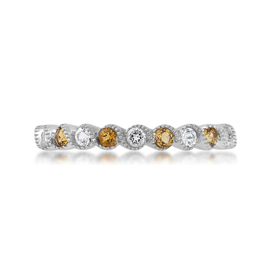 Genuine Round Citrine & White Topaz Stackable Ring with Milgrain Twist Band in 10K White Gold close-up detail