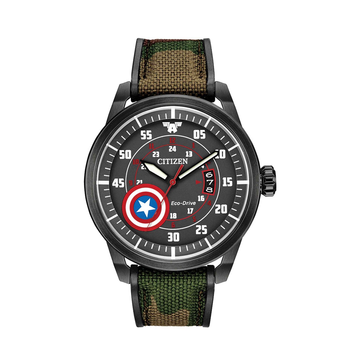 Marvel Captain America Men's Stainless Steel Watch with Captain America Shield on Black Dial and Camouflage Strap by Citizen
