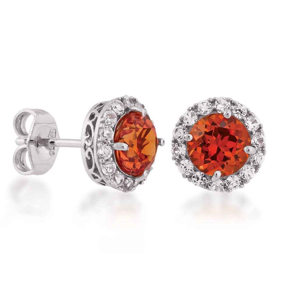 Created Round Padparadscha & Created White Sapphire Halo Earring in Sterling Silver