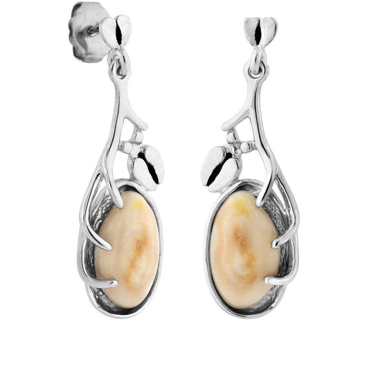 Ladies' Elk Ivory Cabochon Cut Dangle Earrings with Antler & Hoof Accent in Sterling Silver