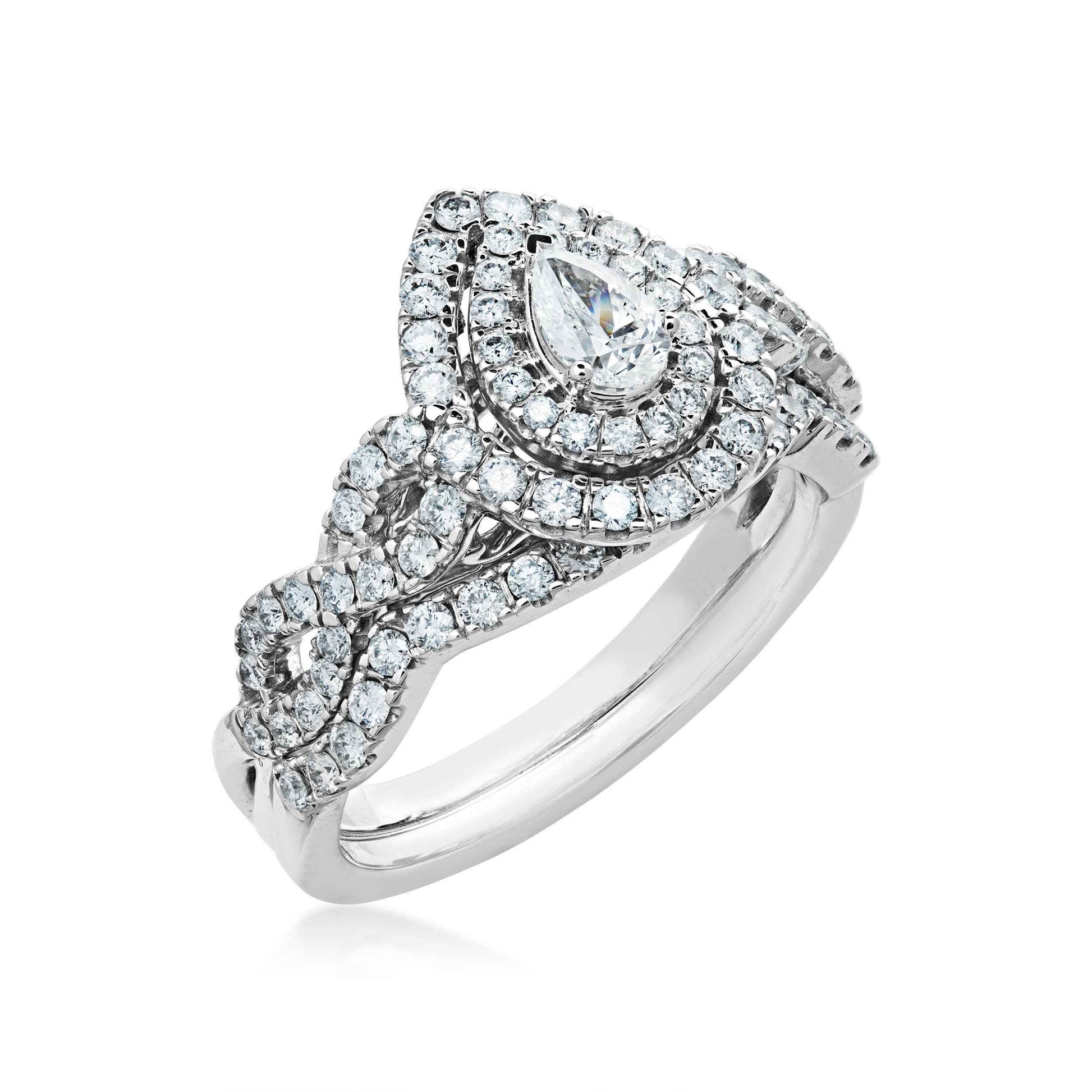 Natural 1 ct. tw. Pear Diamond Double Halo Twist Wedding Set in 10K White Gold front view