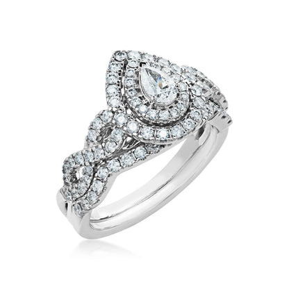 Natural 1 ct. tw. Pear Diamond Double Halo Twist Wedding Set in 10K White Gold front view